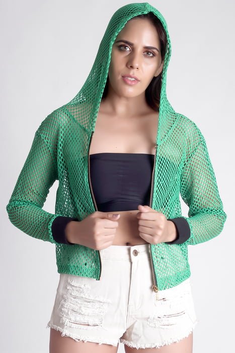 Triene women's net green hoodie with metal zipper