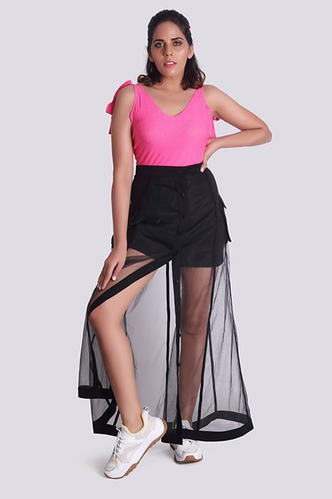 Triene women’s long split black skirt with net flair