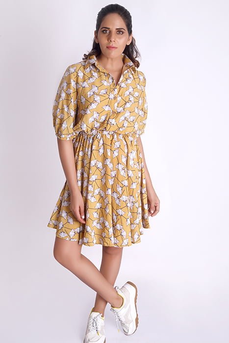 Triene women’s floral printed yellow gathered dress